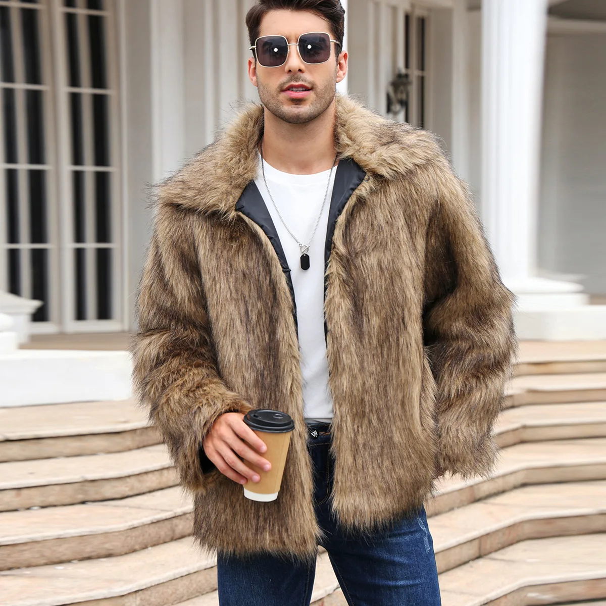 Men Faux Fox Fur Jacket Coat W - огляд і ціна Thermal Long John